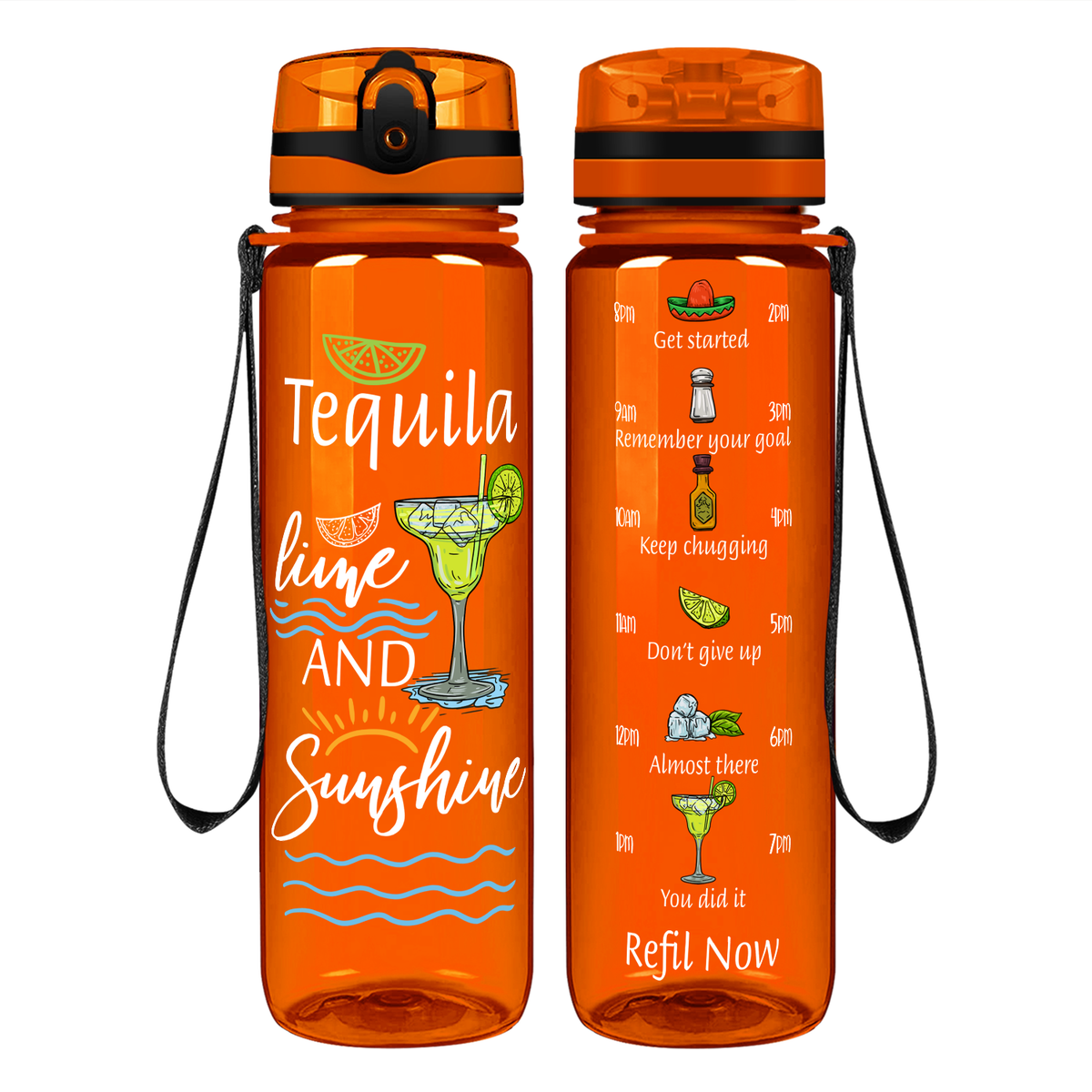 Tequila Lime and Sunshine on 32 oz Motivational Tracking Water Bottle