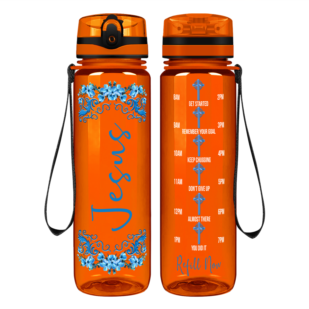 Jesus Blue Fowers Design on 32 oz Motivational Tracking Water Bottle