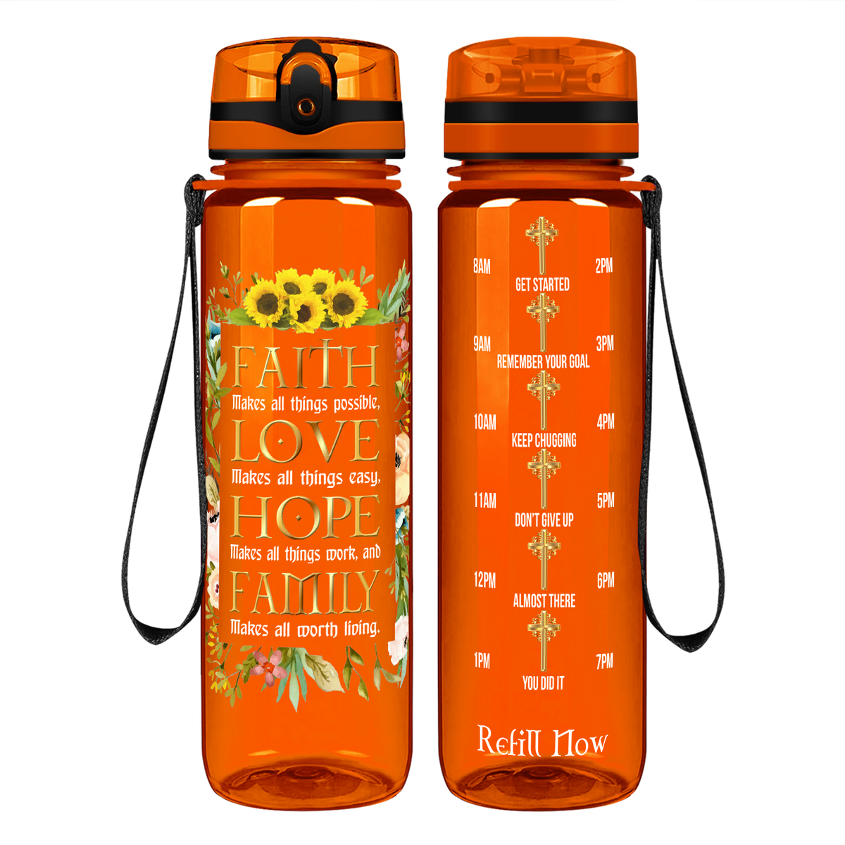 Faith Love Hope Family on 32 oz Motivational Tracking Water Bottle