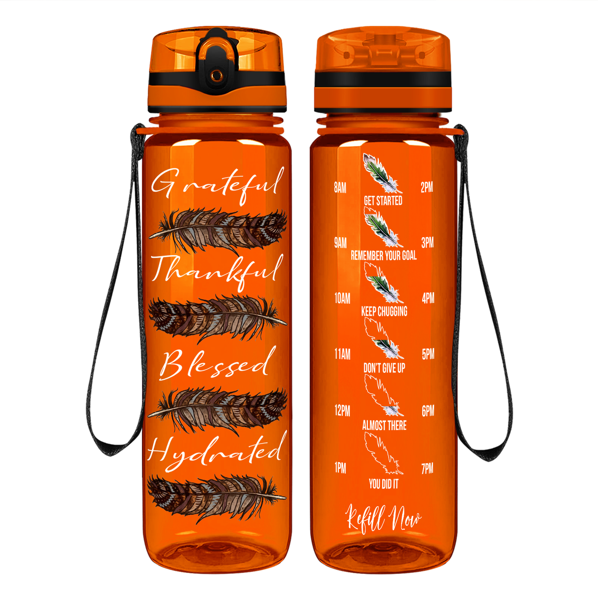 Grateful Thankful Blessed Hydrated with Feathers on 32 oz Motivational Tracking Water Bottle
