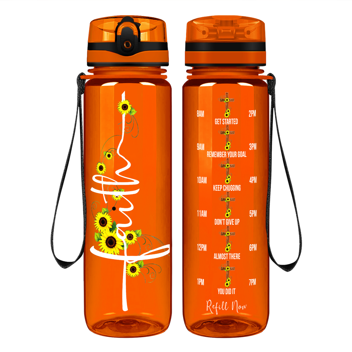 Faith Sunflowers on 32 oz Motivational Tracking Water Bottle