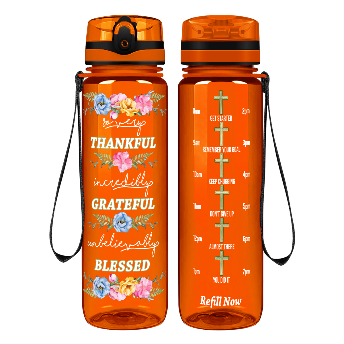 Thankful Grateful Blessed on 32 oz Motivational Tracking Water Bottle