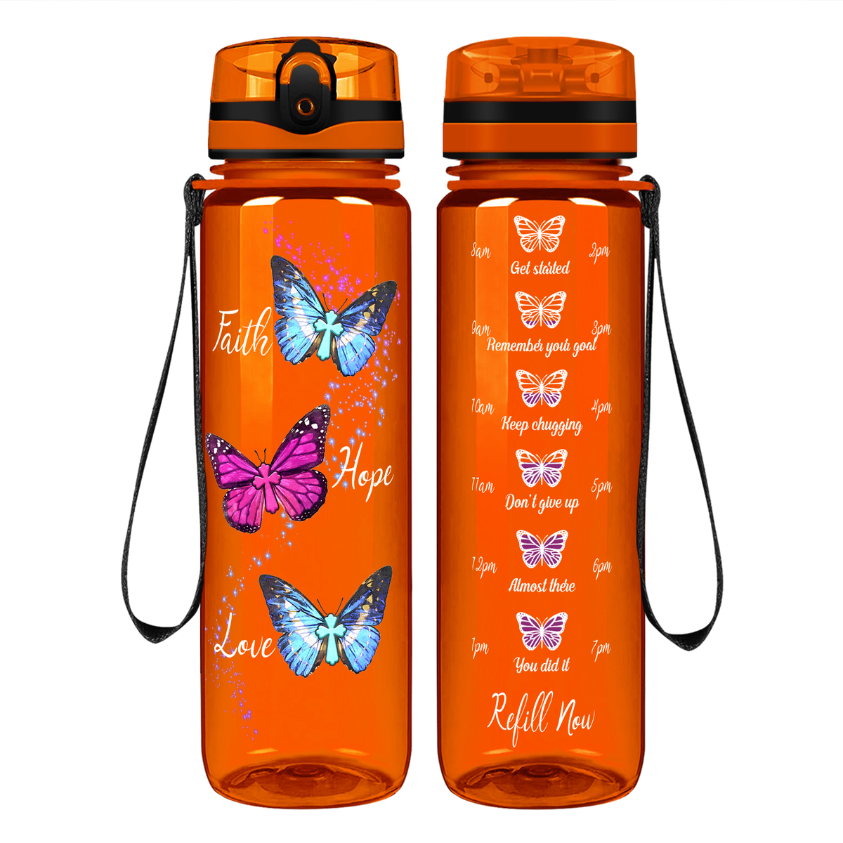 Faith Hope Love Butterflies on 32 oz Motivational Tracking Water Bottle