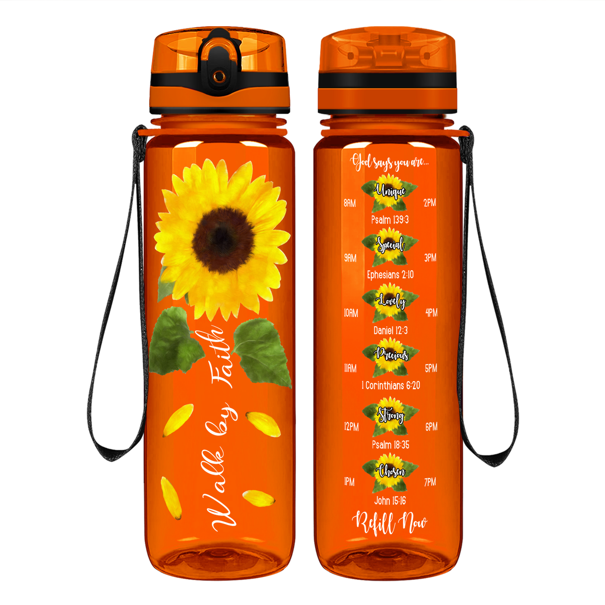 Walk By Faith Sunflower on 32 oz Motivational Tracking Water Bottle