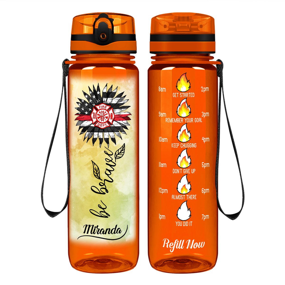 Personalized Firefigher Be Brave on 32 oz Motivational Tracking Water Bottle