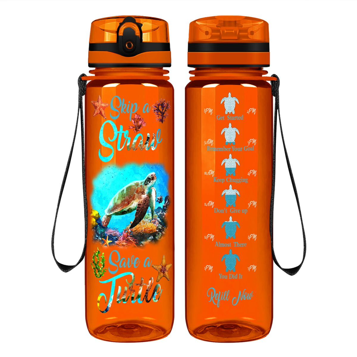 Skip A Straw Save A Turtle on 32 oz Motivational Tracking Water Bottle