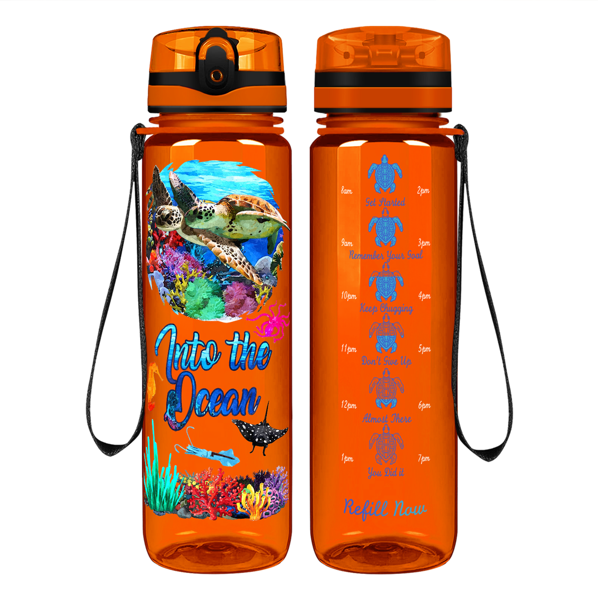 Turtles Into The Ocean on 32 oz Motivational Tracking Water Bottle