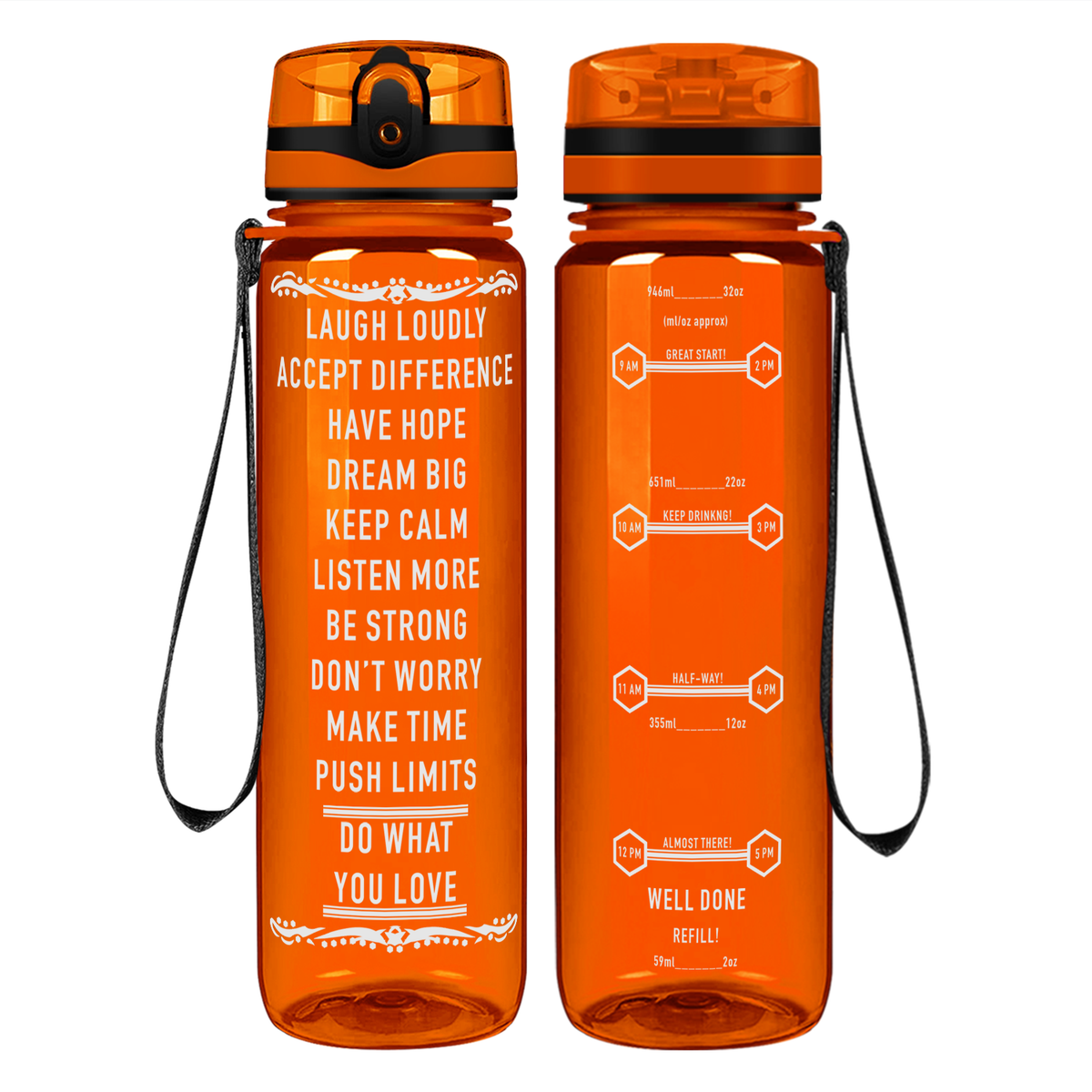 Laugh Loudly on 32 oz Motivational Tracking Water Bottle