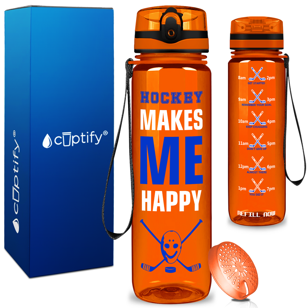 Personalized Hockey Makes Me Happy on 32 oz Motivational Tracking Water Bottle