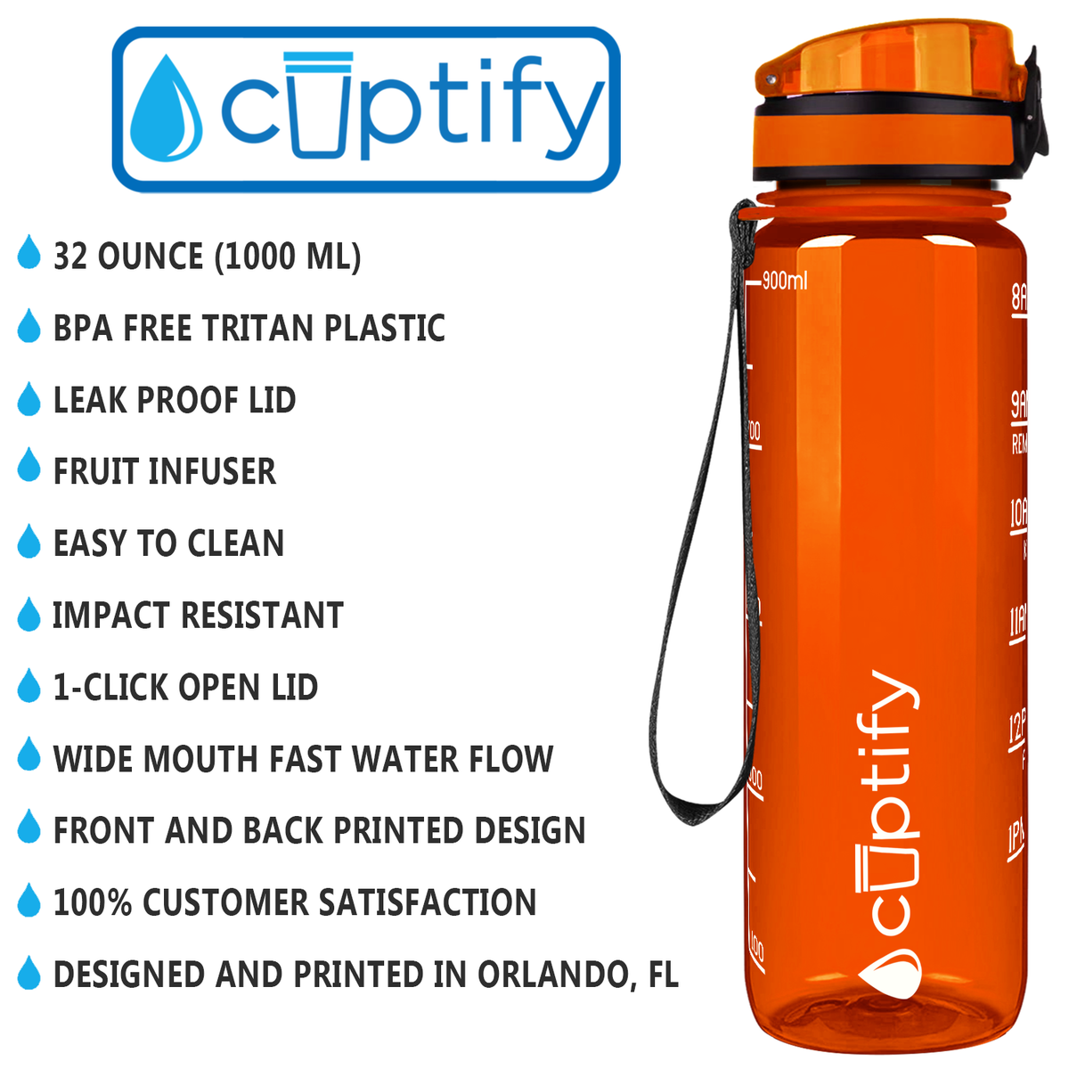 Cuptify Orange Gloss 32 oz Motivational Water Bottle