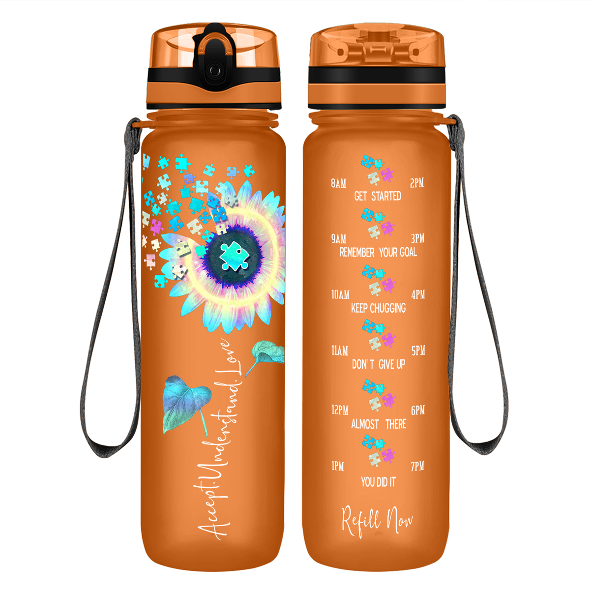 Accept Understand Love Autism Sunflower 32 oz Motivational Tracking Water Bottle