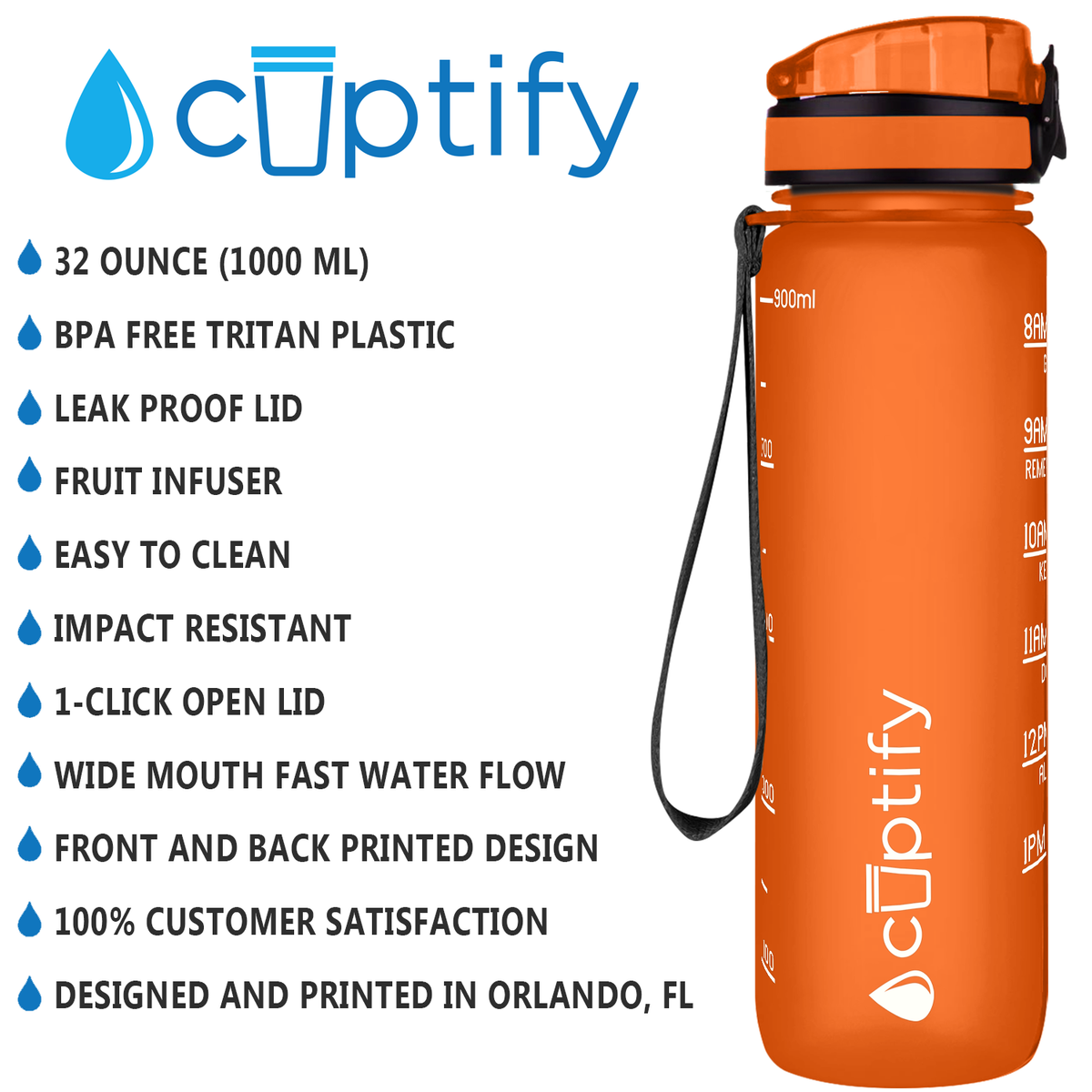 Cuptify Orange Frosted 32 oz Motivational Water Bottle