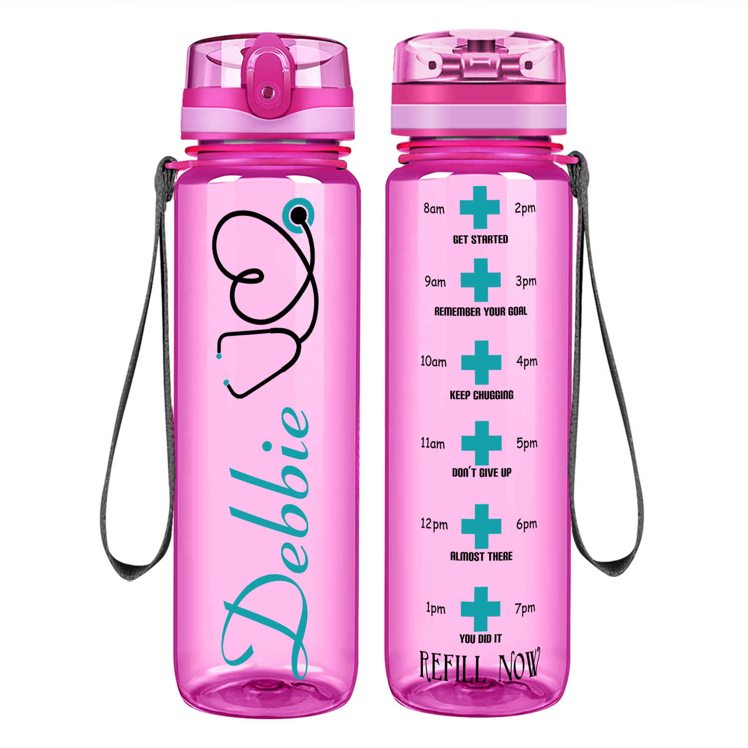 Personalized Nurse Name Aqua Stethoscope Motivational Tracking Water Bottle