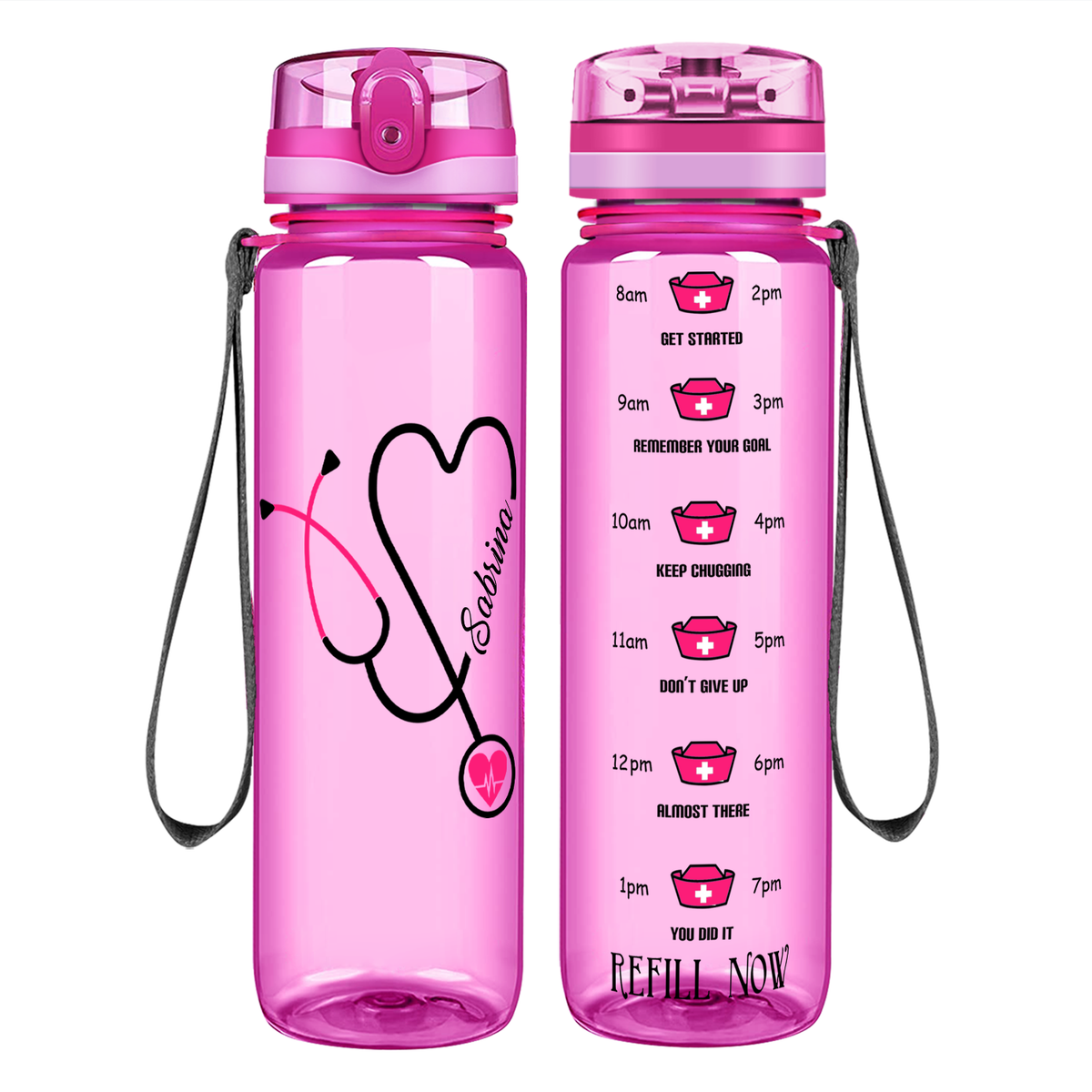 Personalized Nurse Pink Stethoscope Heart on 32oz Motivational Water Bottle