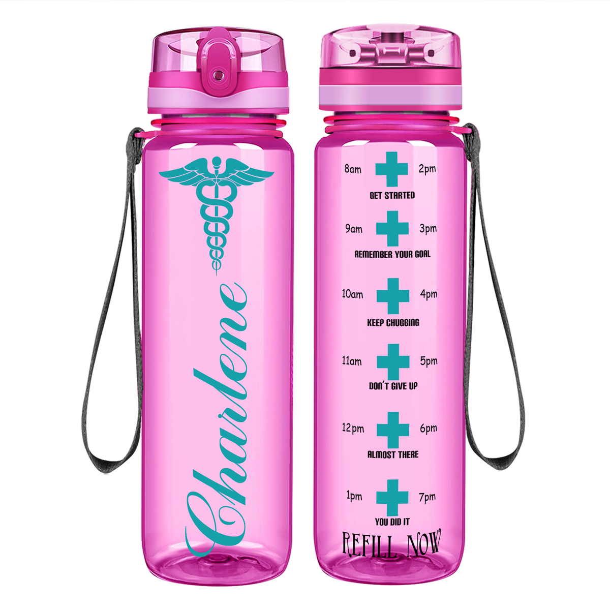 Personalized Nurse Caduceus on 32oz Motivational Tracking Water Bottle