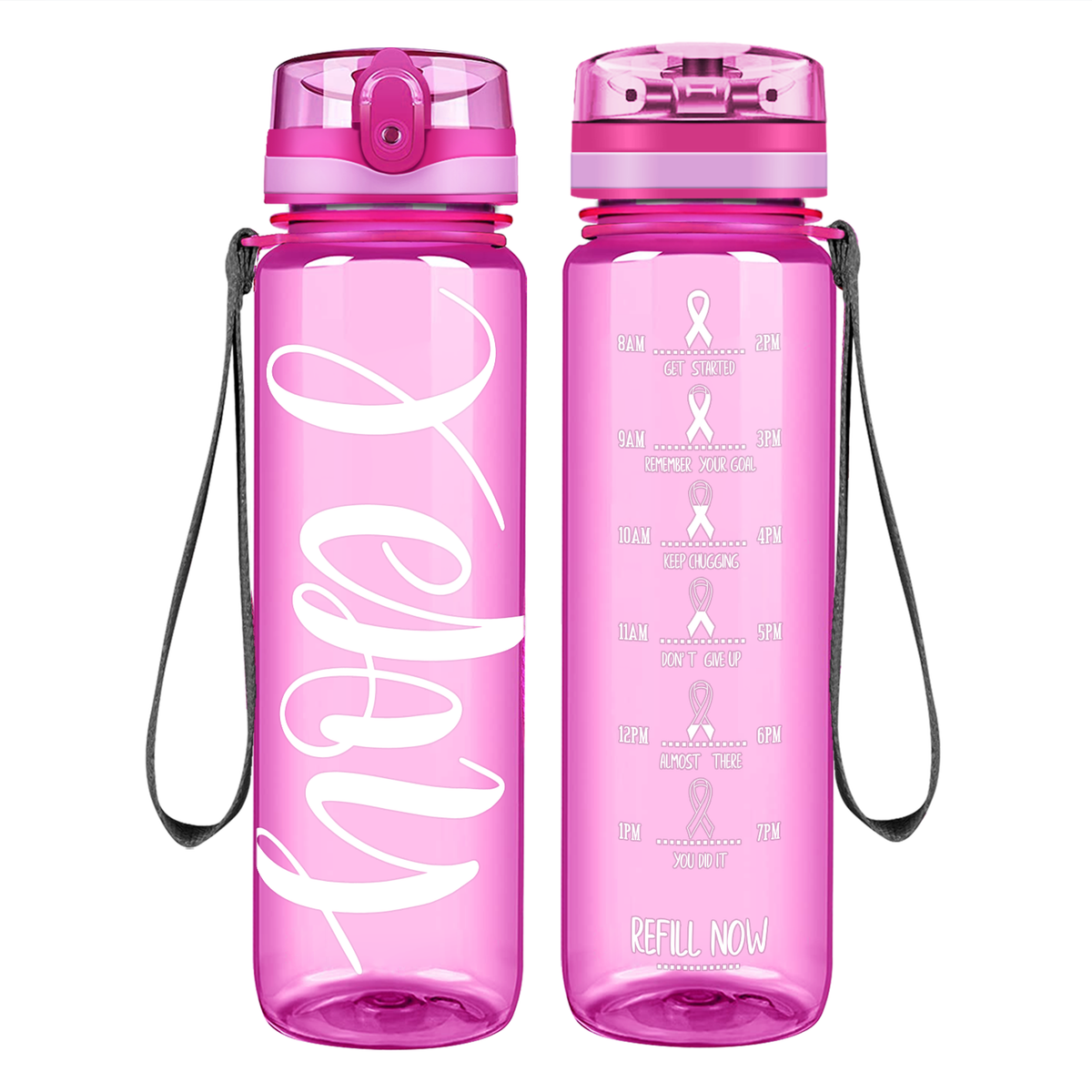Hope Pink Ribbon on 32 oz Motivational Tracking Breast Cancer Awareness Water Bottle