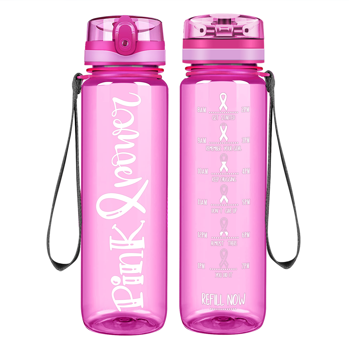 Pink Power on 32 oz Motivational Tracking Breast Cancer Awareness Water Bottle