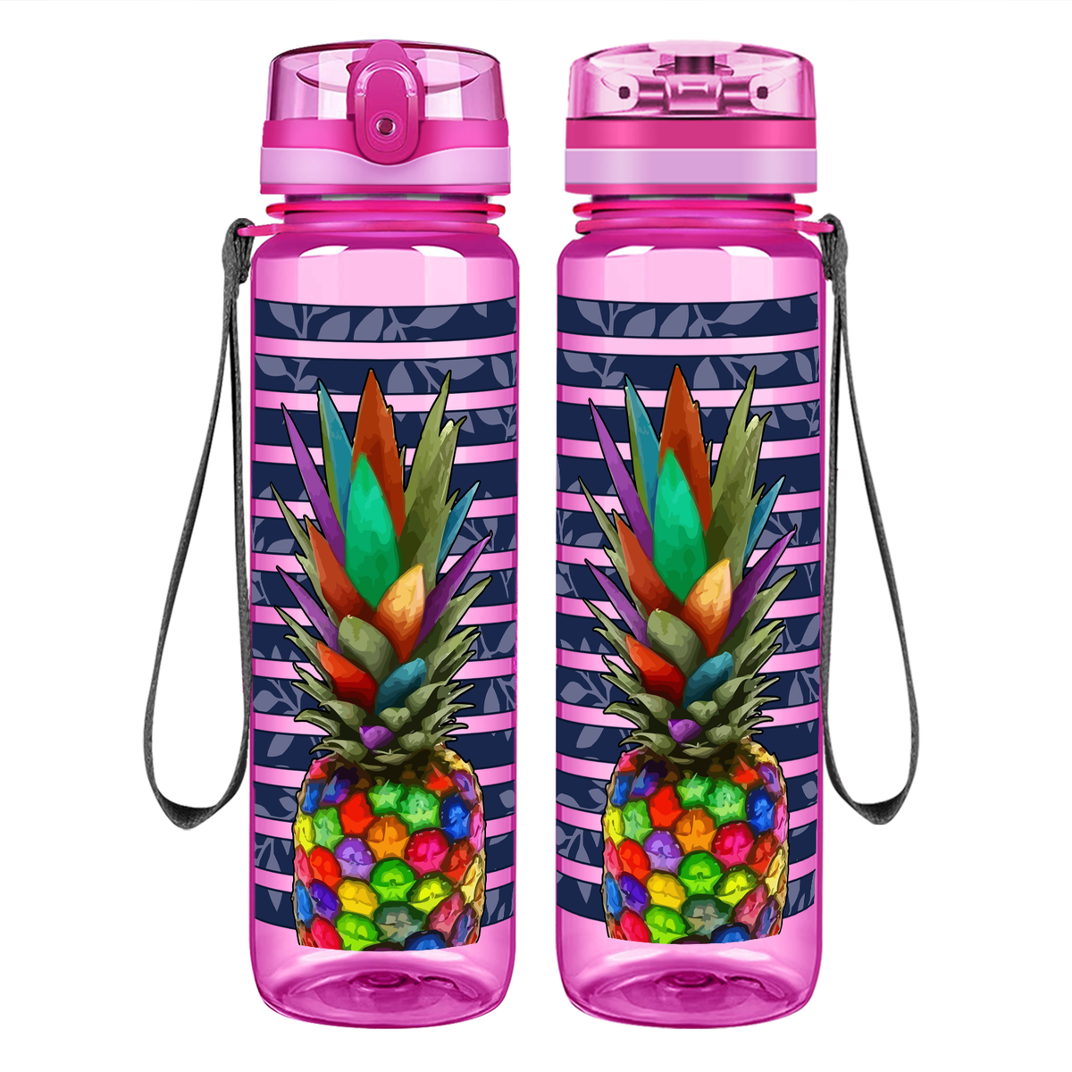 Rainbow Pineapple on 32 oz Motivational Tracking Water Bottle