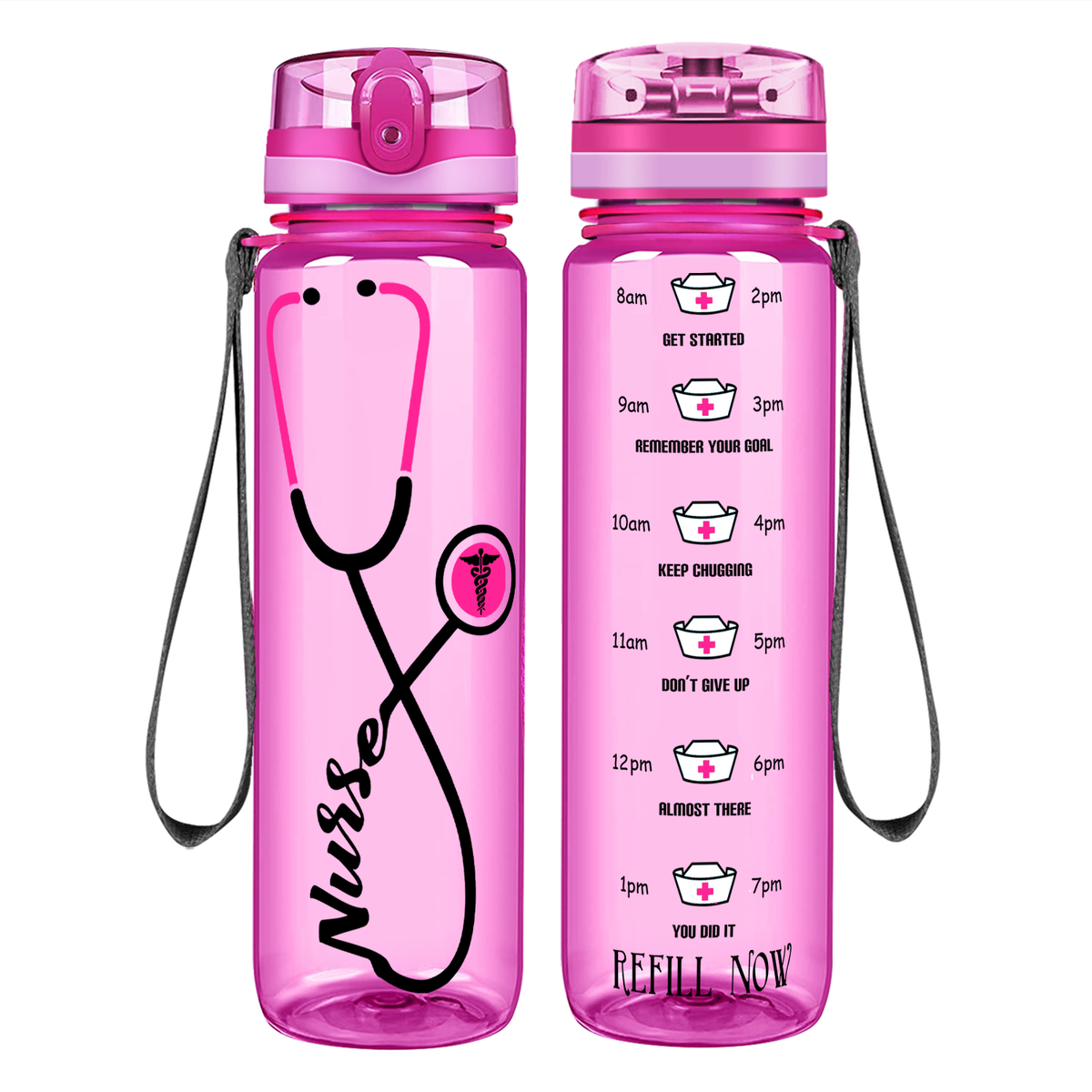 Personalized Nurse Pink Stethoscope on 32oz Motivational Tracking Water Bottle
