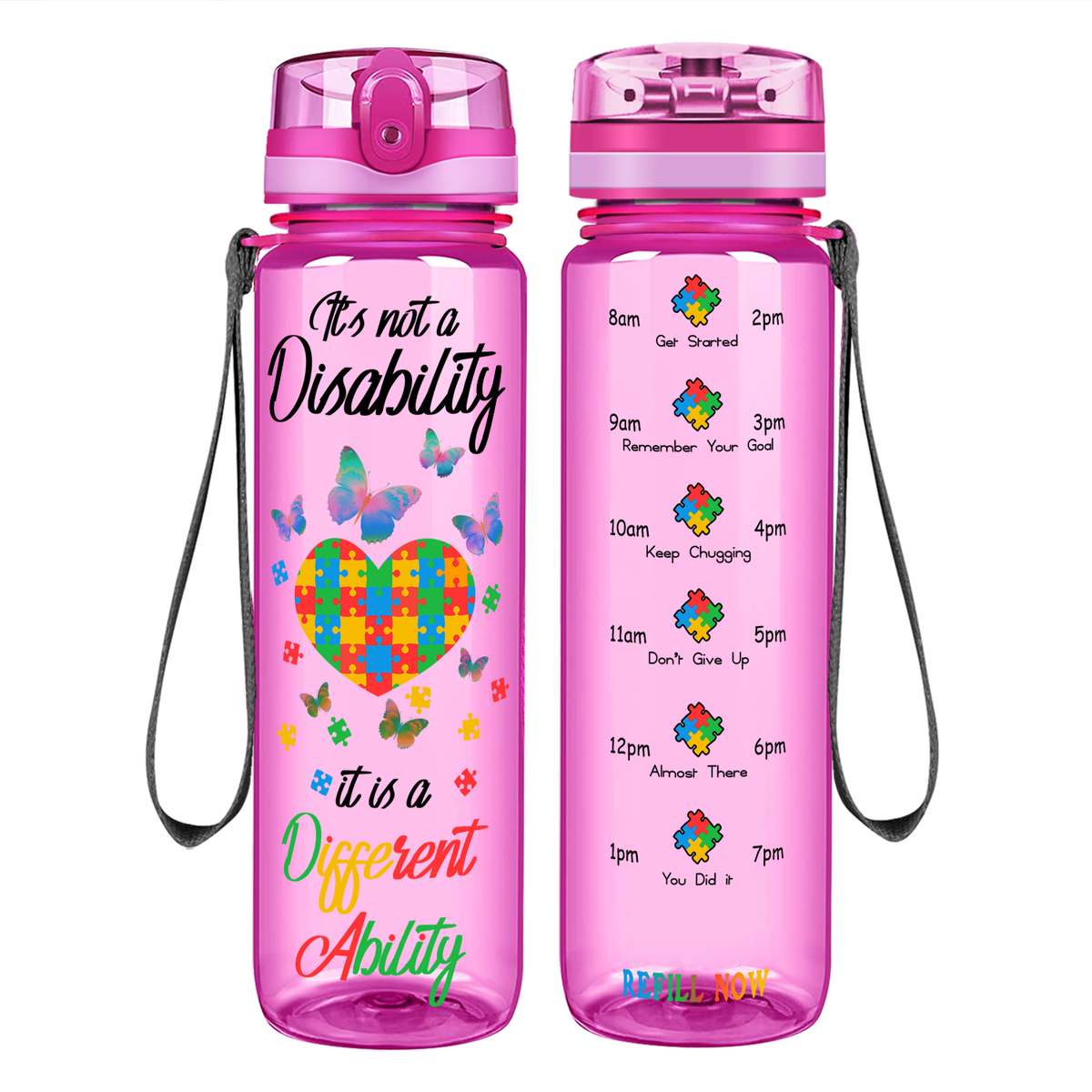 Autism Colorful Butterfly Different Ability on 32 oz Motivational Tracking Water Bottle