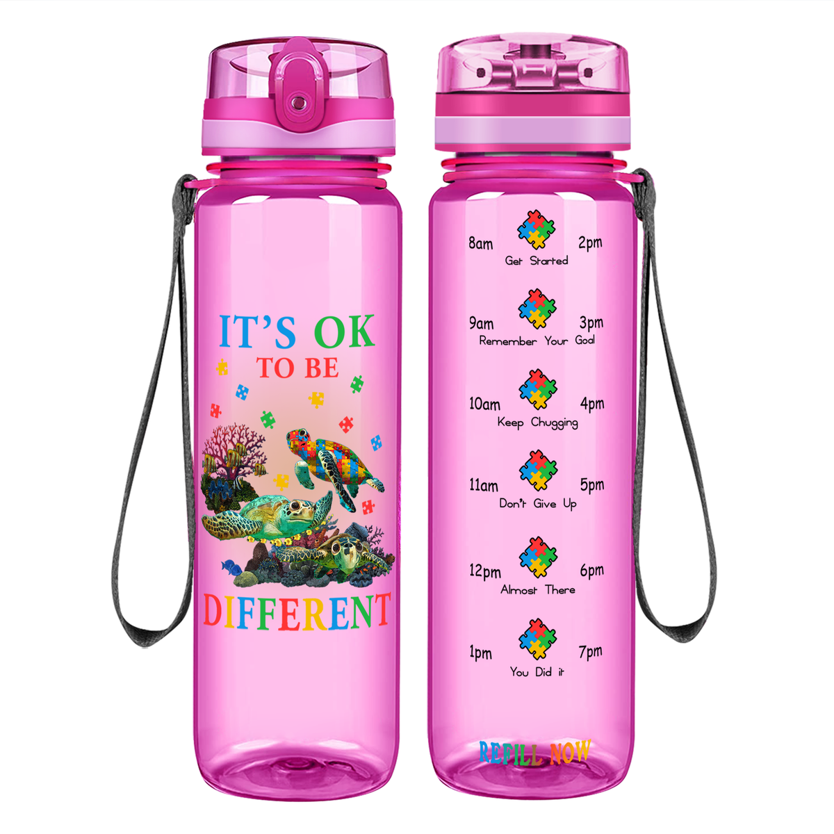 Okay To Be Different Autism Turtle on 32 oz Motivational Tracking Water Bottle