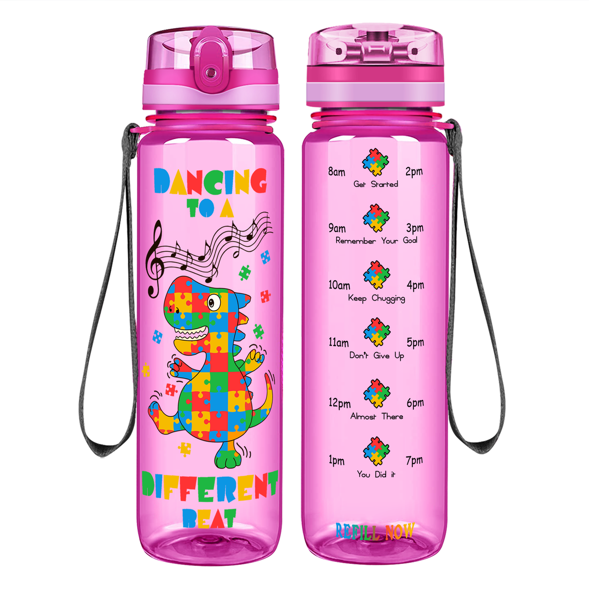 Dancing Dino Different Beat Autism on 32 oz Motivational Tracking Water Bottle