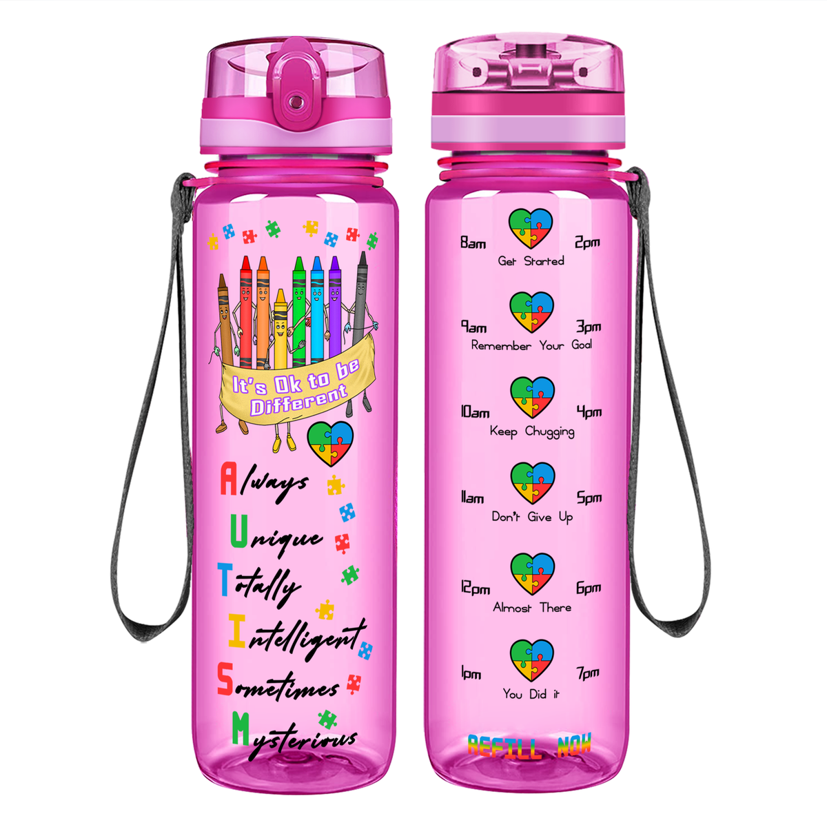 Colorful Autism Crayons on 32 oz Motivational Tracking Water Bottle