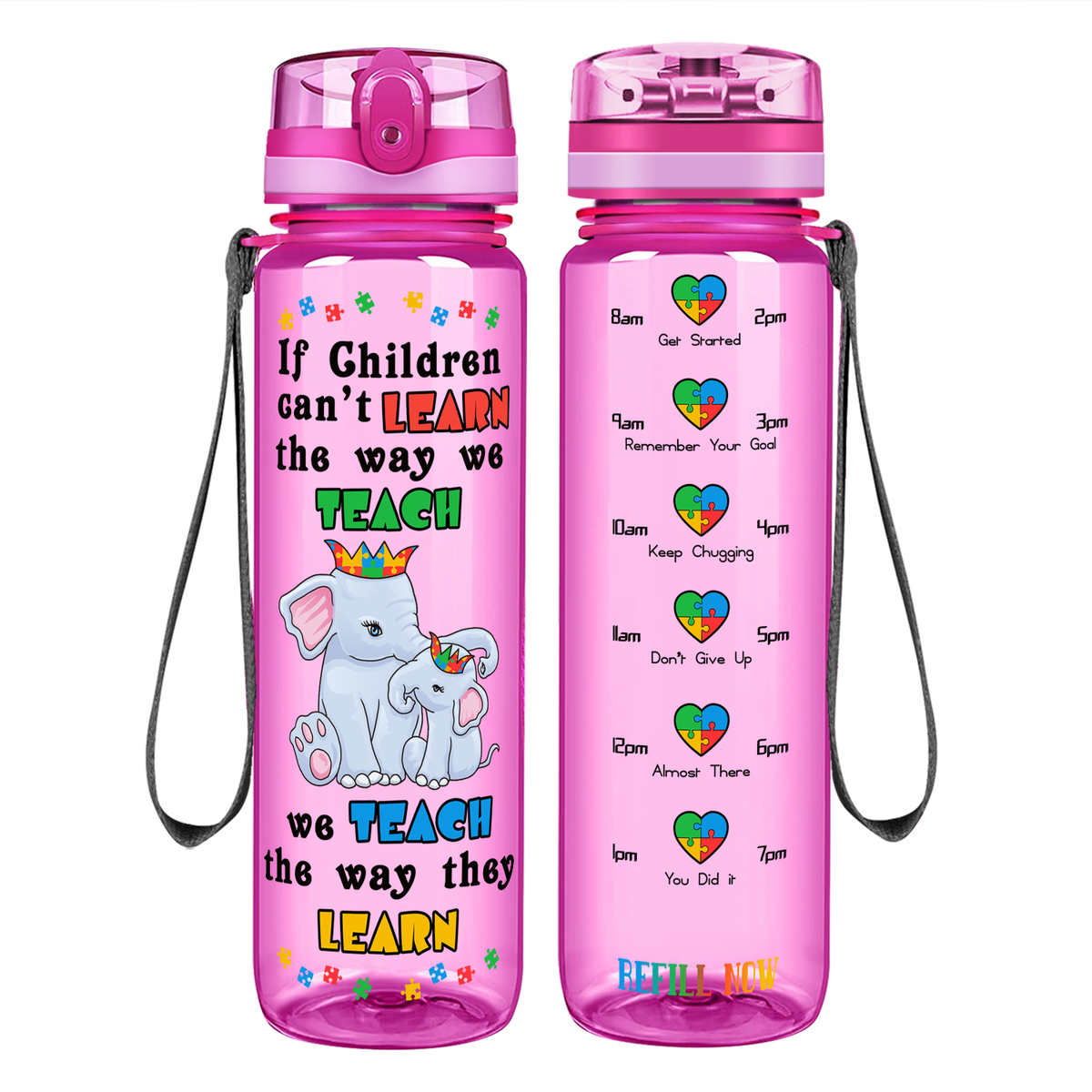 Teach The Way They Learn Elephants on 32 oz Motivational Tracking Autism Water Bottle
