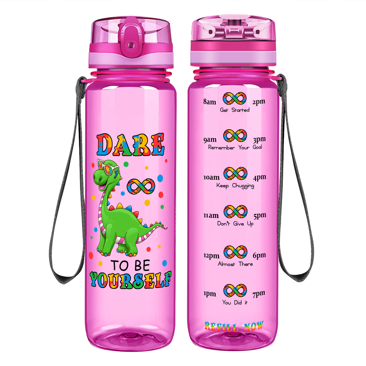 Dinosaur Dare To Be Yourself on 32 oz Motivational Tracking Autism Water Bottle