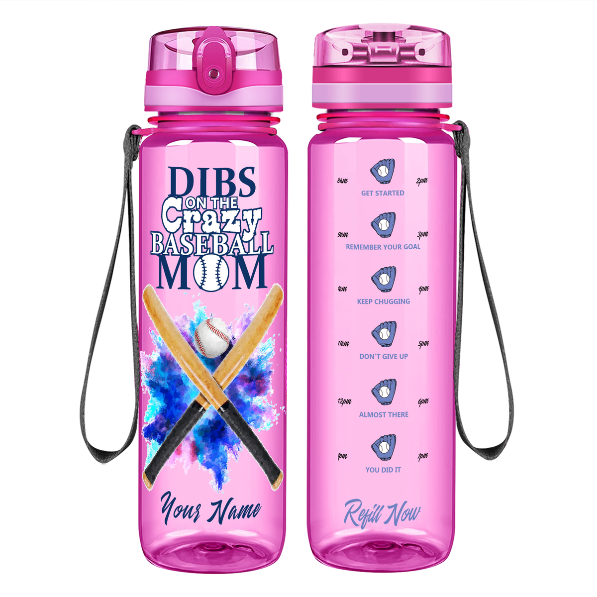 Personalized Dibs on the Baseball Mom on 32 oz Motivational Tracking Water Bottle