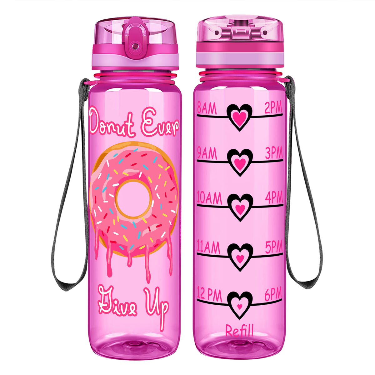 Donut Ever Give Up on 32 oz Motivational Tracking Water Bottle