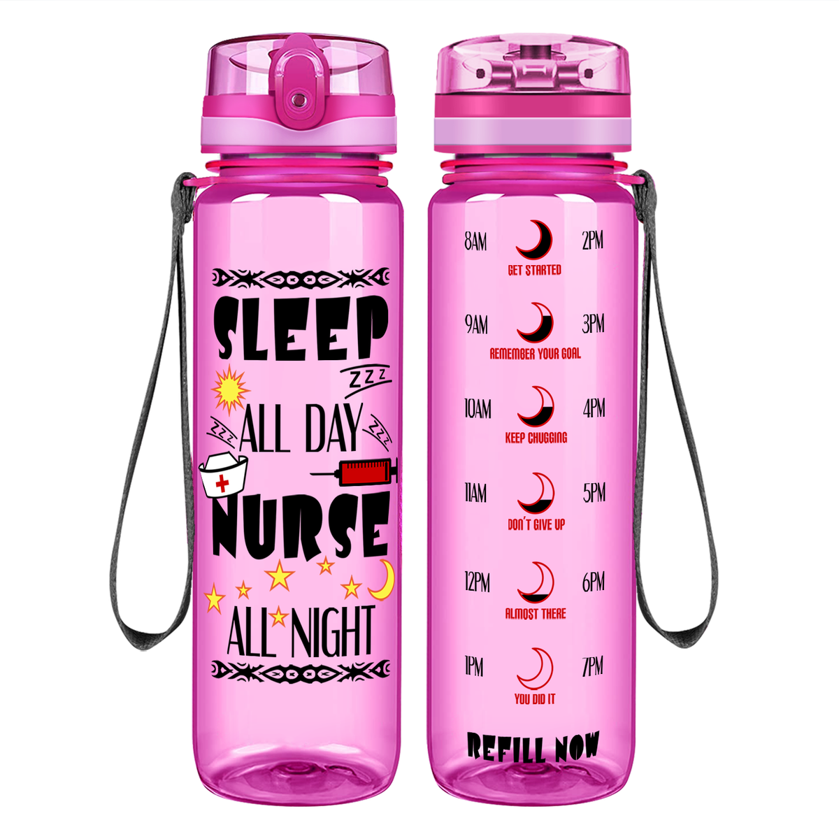 Nurse All Night on 32oz Motivational Tracking Water Bottle