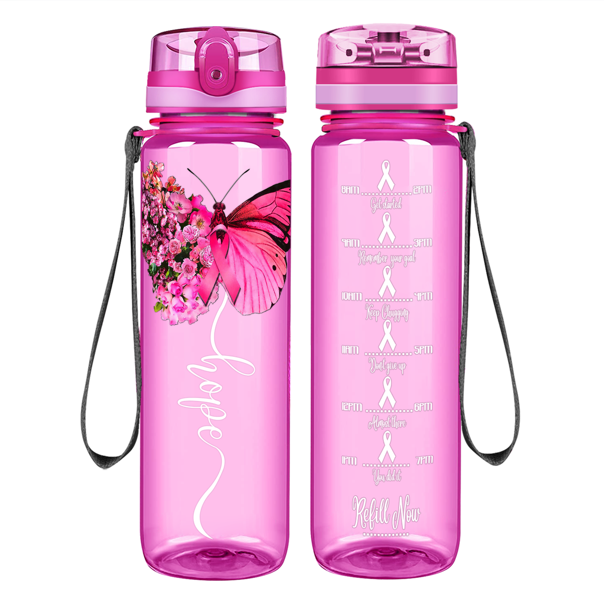Breast Cancer Hope Butterfly on 32 oz Motivational Tracking Breast Cancer Awareness Water Bottle
