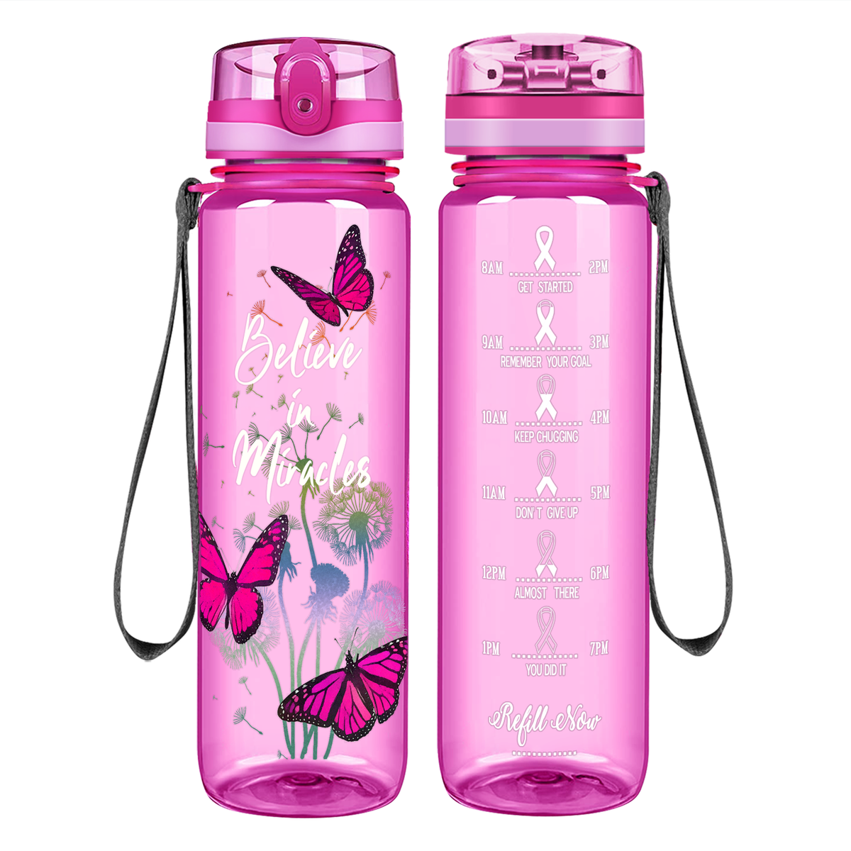 Believe in Miracles on 32 oz Motivational Tracking Breast Cancer Awareness Water Bottle