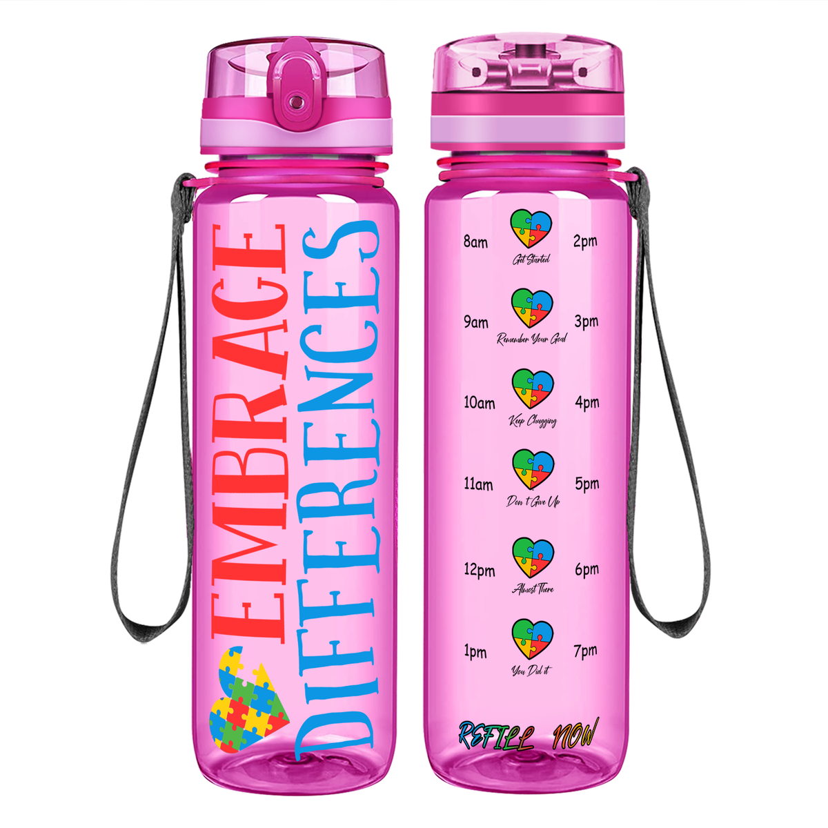 Embrace Differences on 32 oz Motivational Tracking Autism Water Bottle