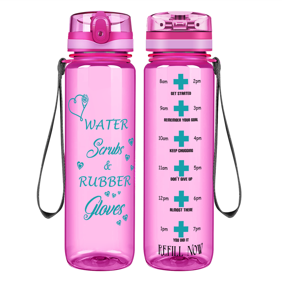 Water Scrubs and Rubber Gloves on 32oz Motivational Tracking Nurse Water Bottle