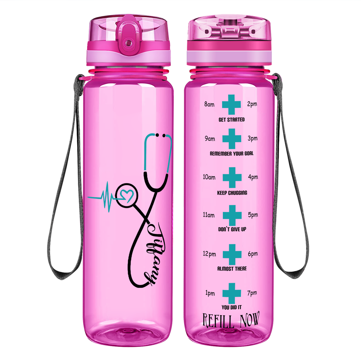 Personalized Seafoam Heart Nursing Stethoscope on 32oz Motivational Tracking Water Bottle