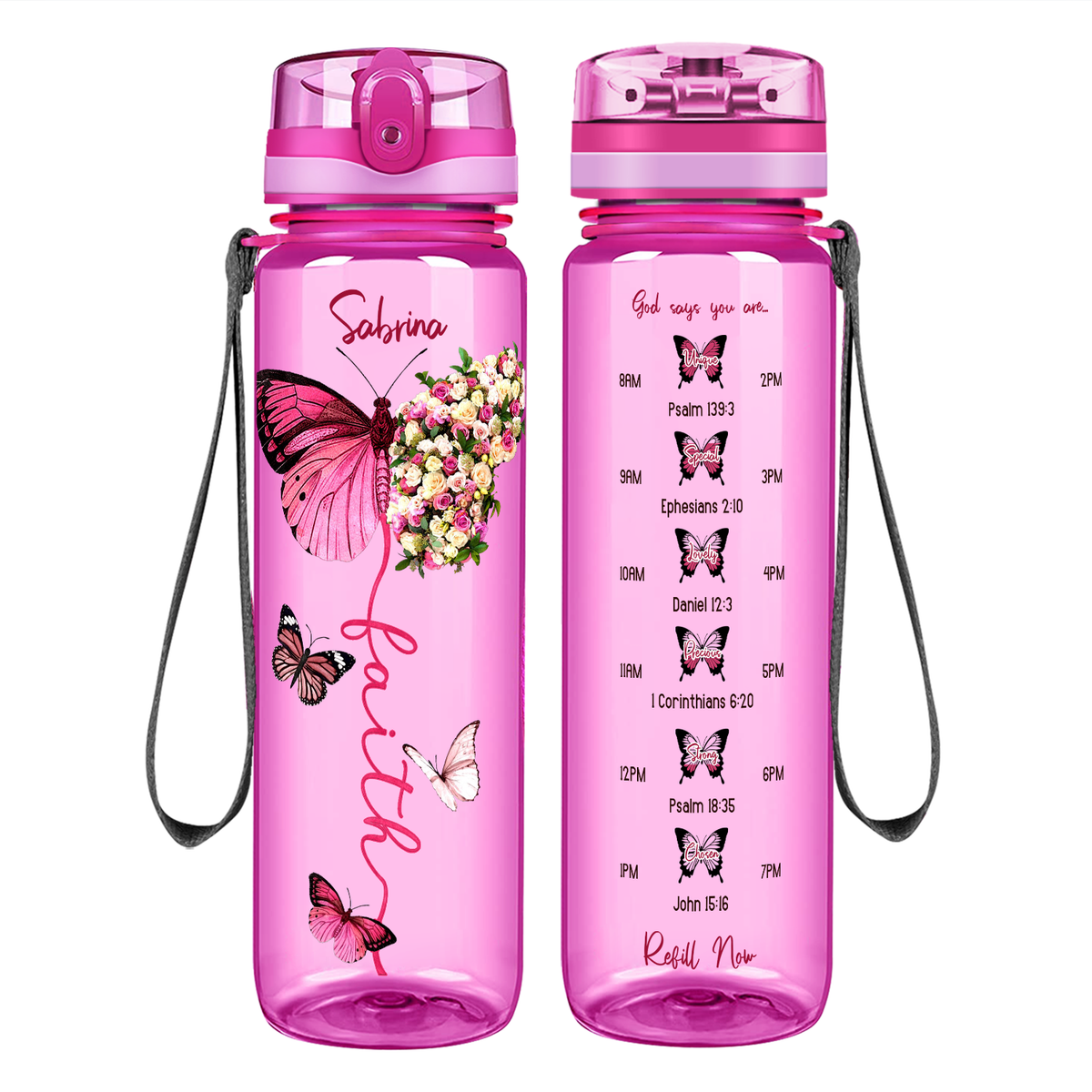 Personalized Faith Inspirational Pink Butterfly on 32 oz Motivational Tracking Water Bottle