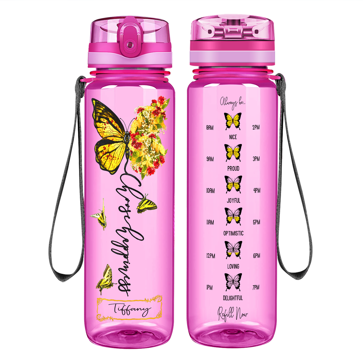 Personalized Choose Happiness Yellow Butterfly on 32 oz Motivational Tracking Water Bottle