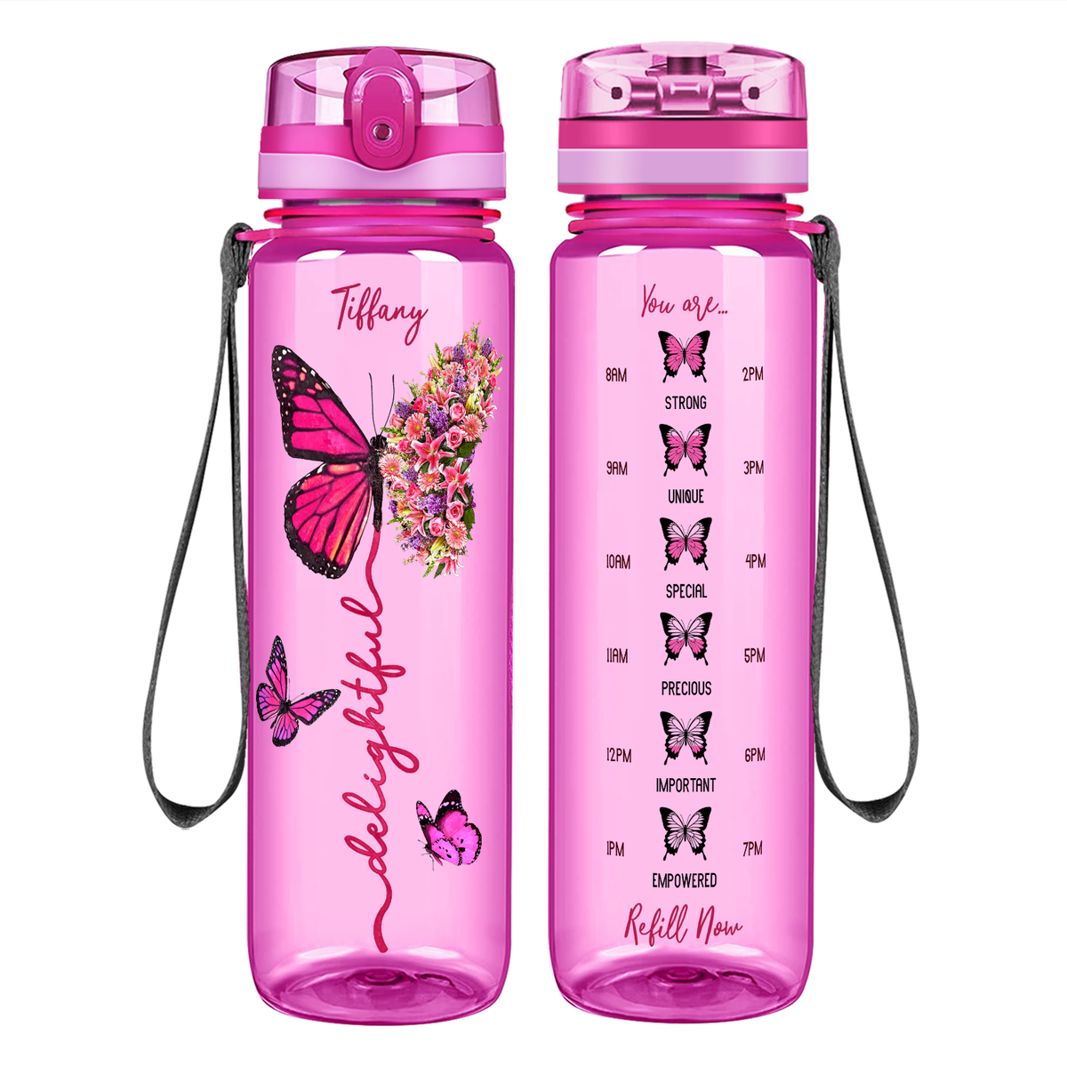 Personalized Delightful Inspirational Pink Butterfly on 32 oz Motivational Tracking Water Bottle