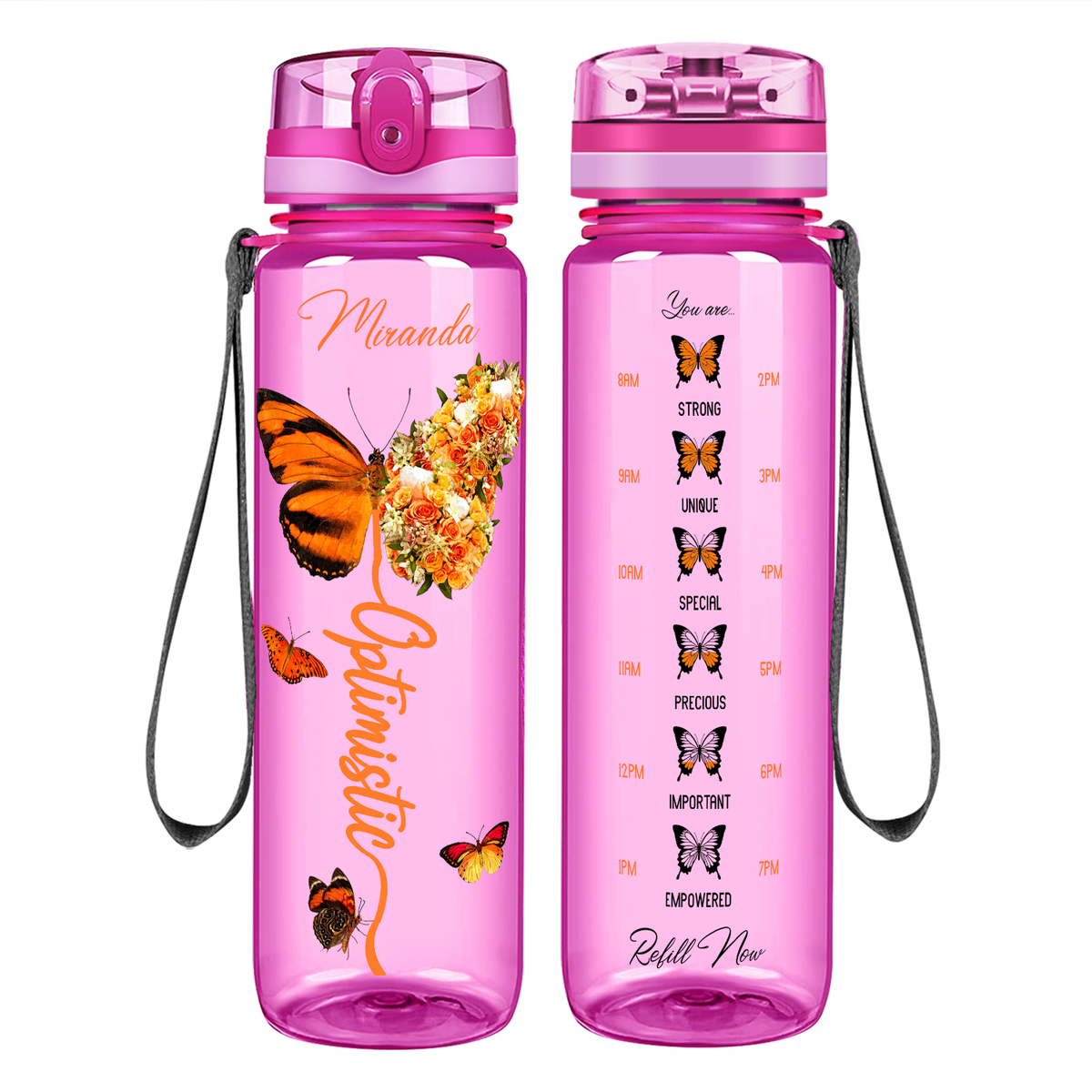Personalized Optimistic Inspirational Orange Butterfly on 32 oz Motivational Tracking Water Bottle