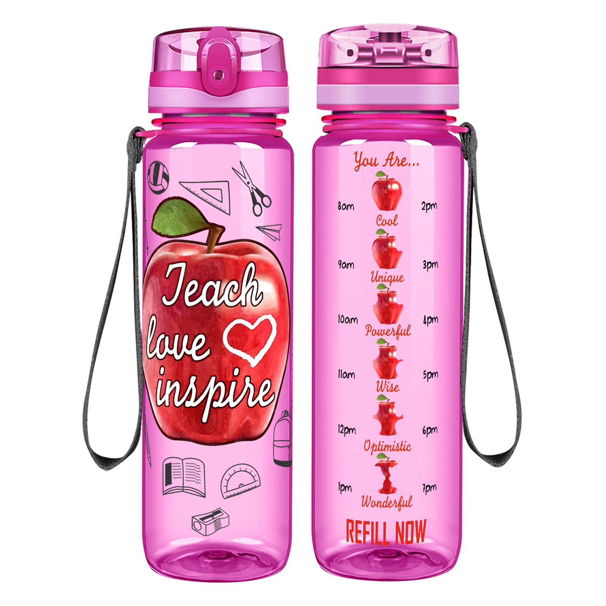 Teach Love Inspire Apple on 32 oz Motivational Tracking Water Bottle