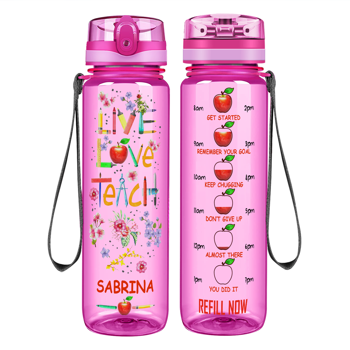 Personalized Live Love Teach on 32 oz Motivational Tracking Water Bottle