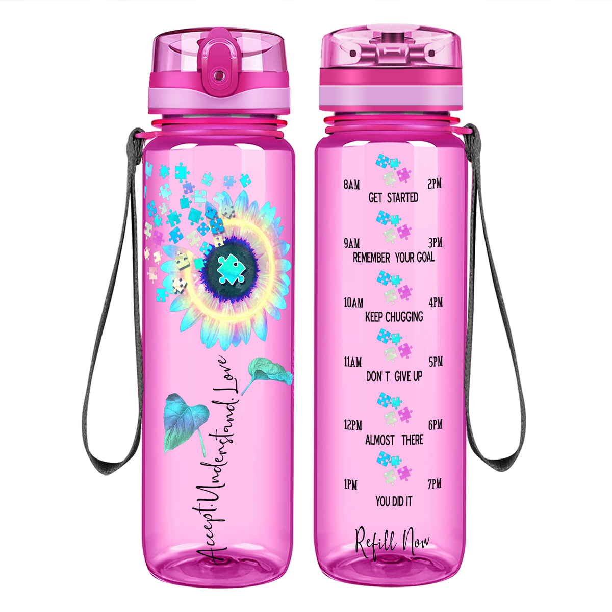 Accept Understand Love Autism Sunflower 32 oz Motivational Tracking Water Bottle