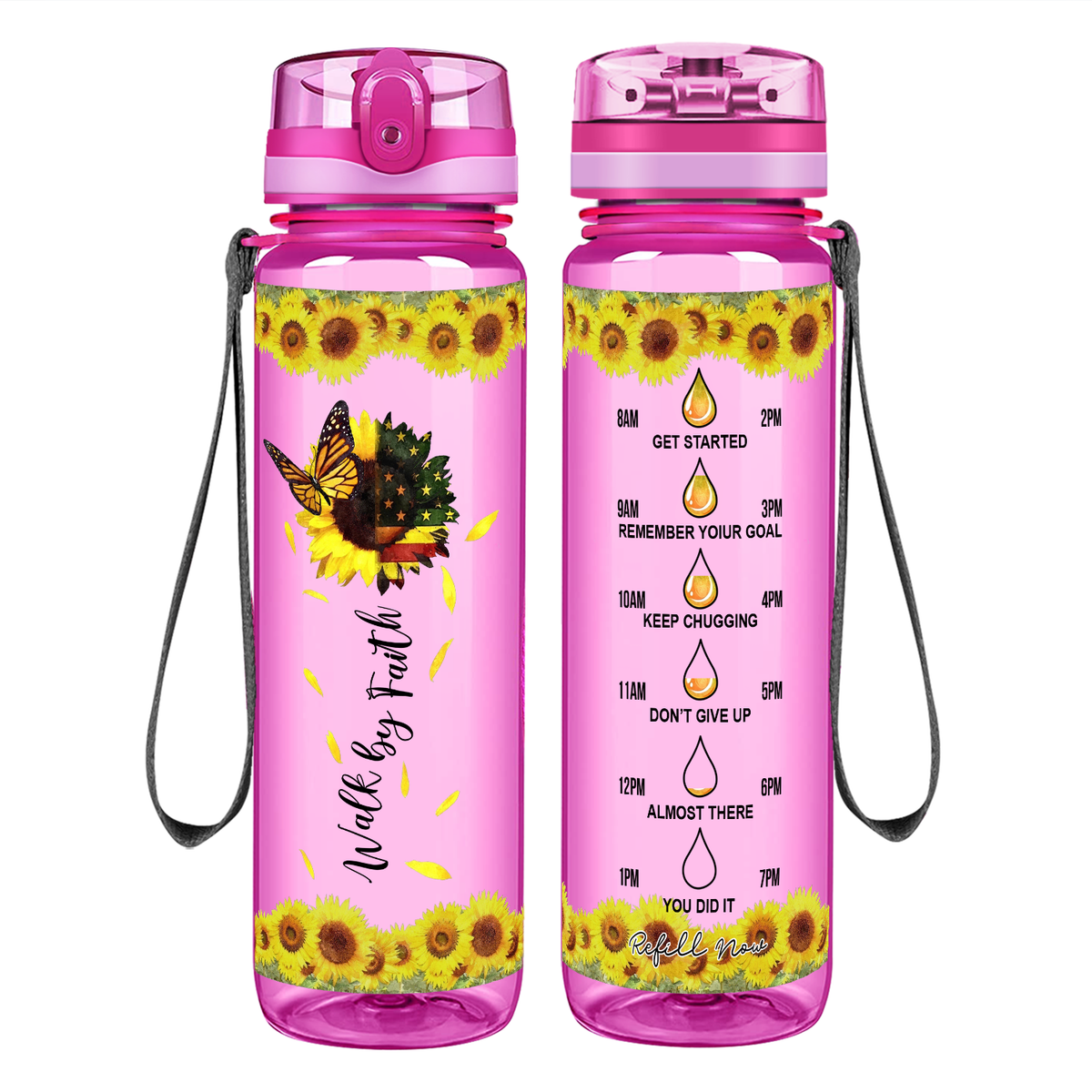 Walk by Faith American Sunflower on 32 oz Motivational Tracking Water Bottle