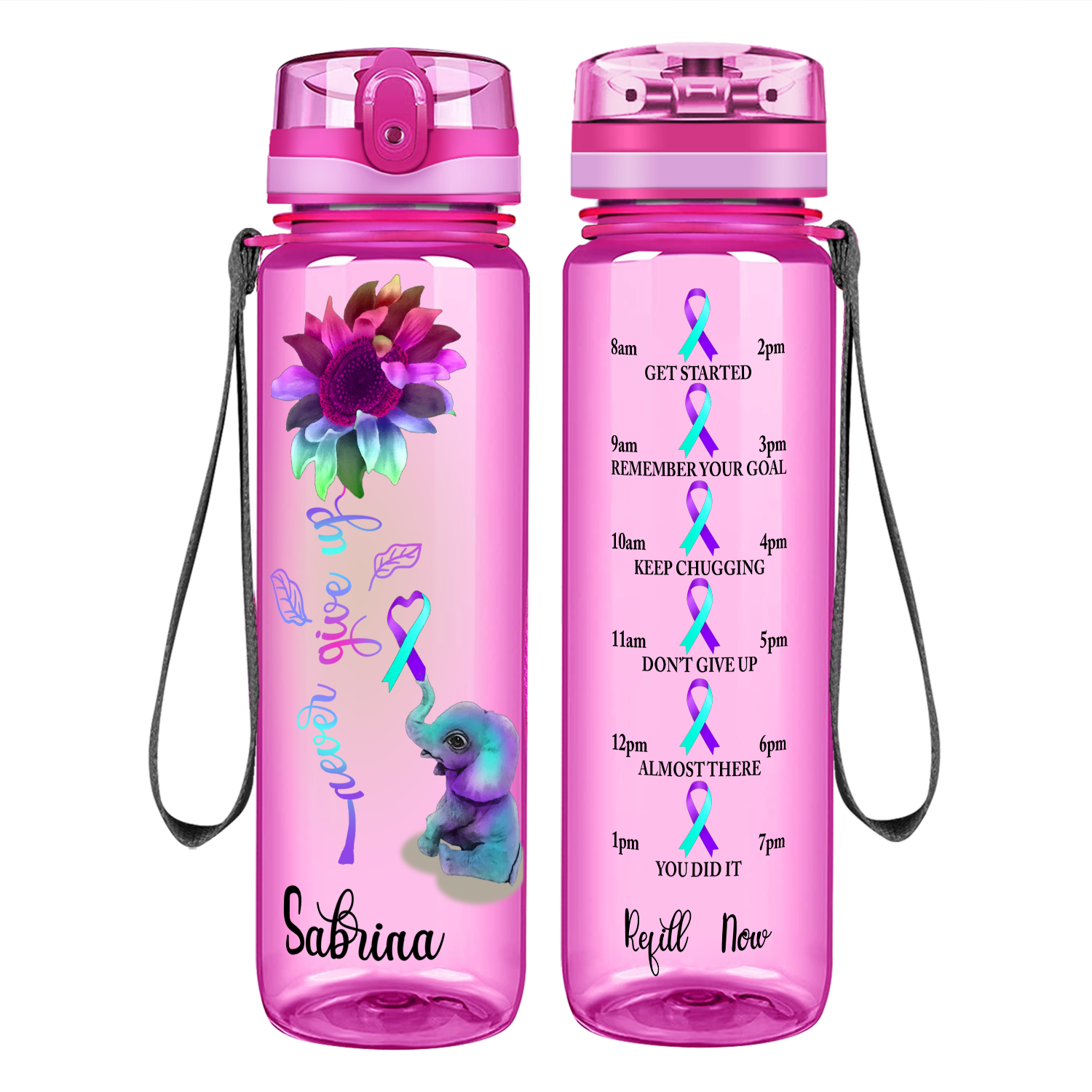 Personalized Never Give Up Elephant on 32 oz Motivational Tracking Water Bottle
