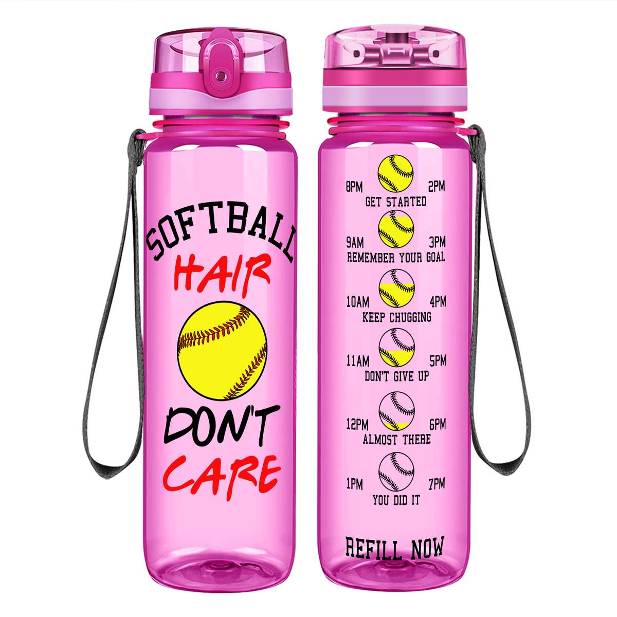 Softball Hair Don't Care on 32 oz Motivational Tracking Water Bottle