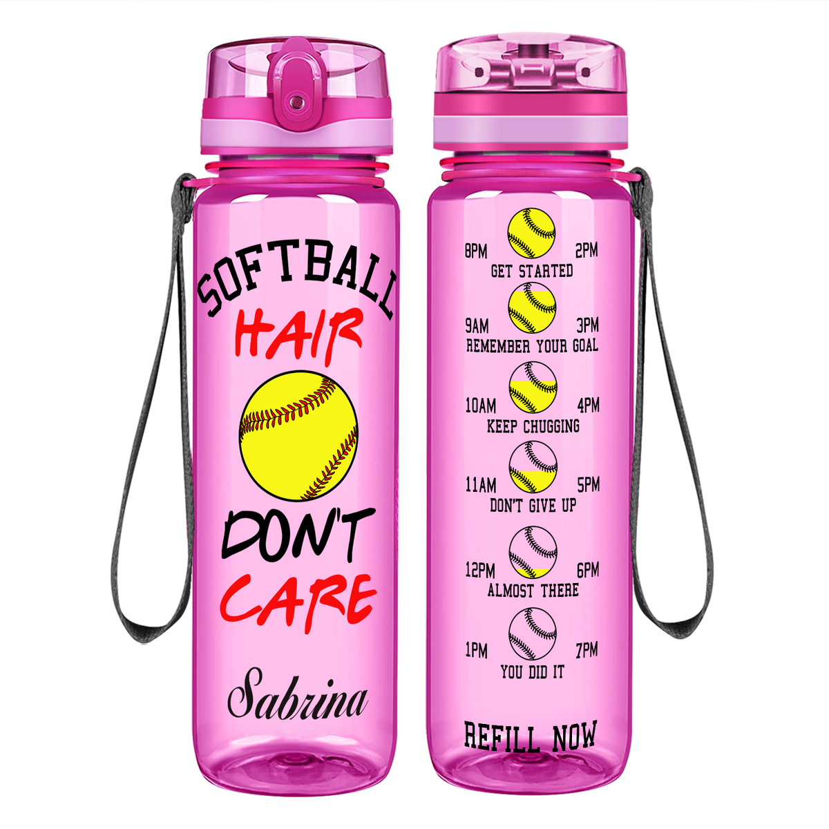 Personalized Softball Hair Don't Care on 32 oz Motivational Tracking Water Bottle