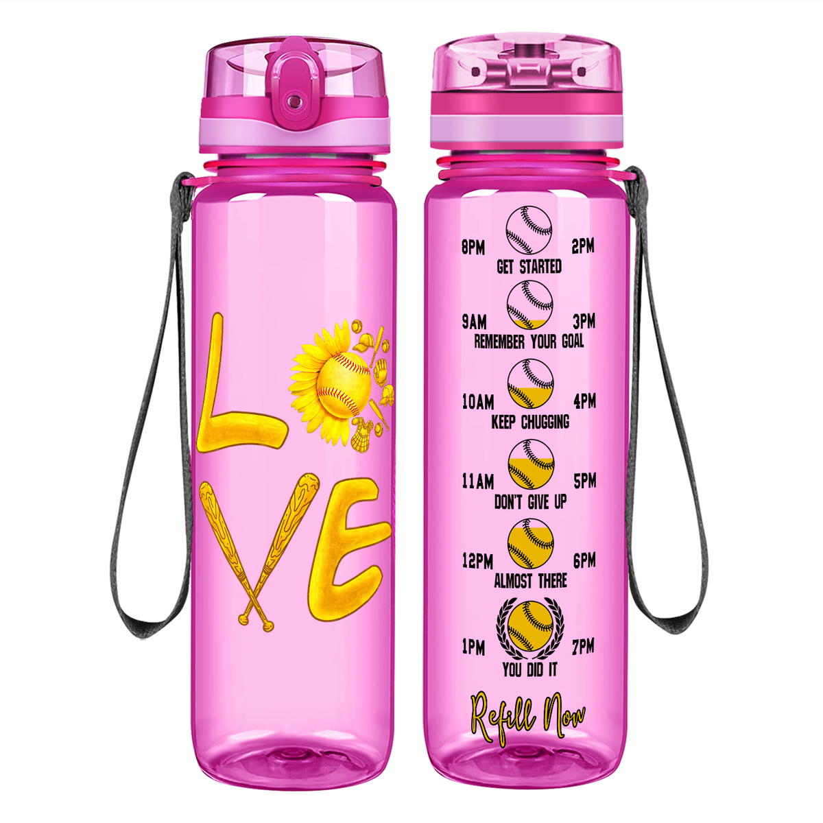 Love Softball Flower on 32 oz Motivational Tracking Water Bottle