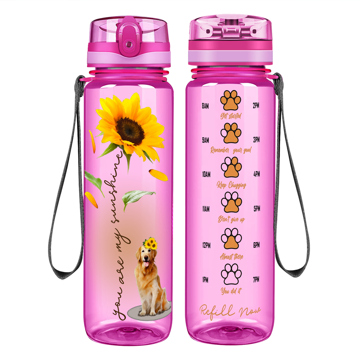 You Are My Sunshine Golden Retriever Sunflower on 32 oz Motivational Tracking Water Bottle